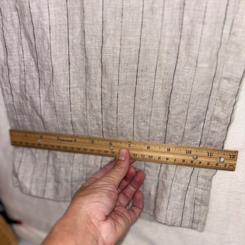100% LINEN WIDE LEG PANTS Karlie High Rise Trouser Large Beige Pinstripe Neutral - Picture 10 of 12